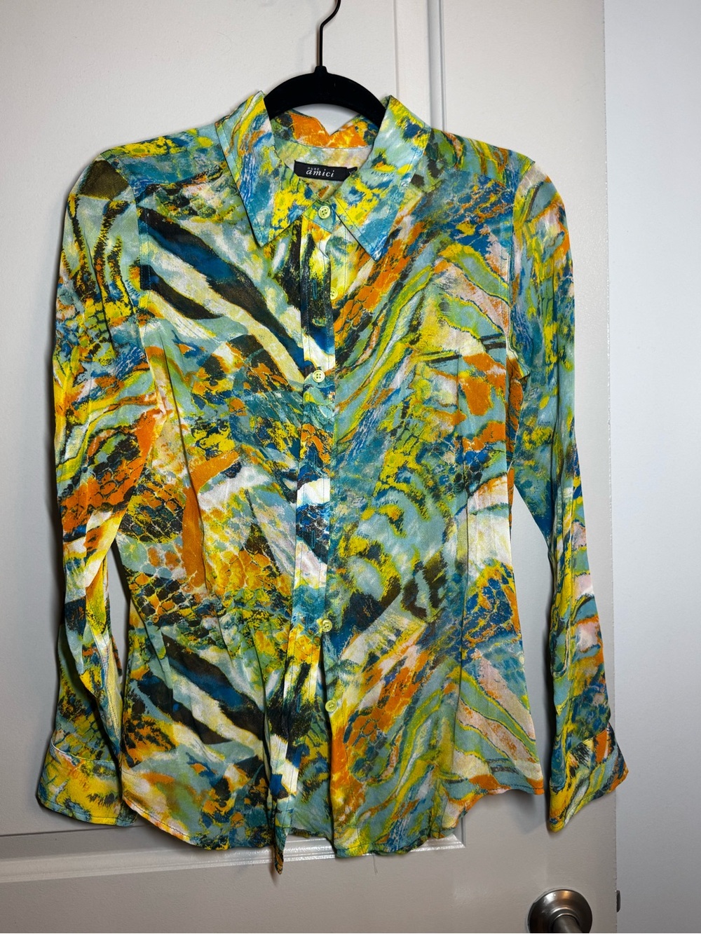 Abstract Print Button-Down Silk Shirt in Yellow & Blue by Pure Amici